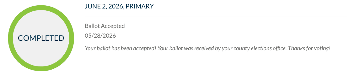 Example ballot tracker screen showing a June 2, 2026 primary ballot marked Completed and Ballot Accepted.